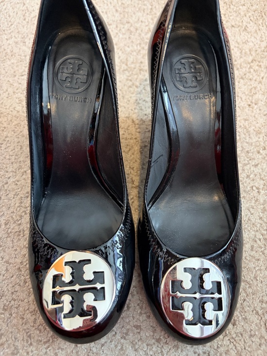 Tory Burch Shoes - Tory Burch “Sophie” Black Patent Leather wedge heel with silver hardware, 8